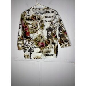 Onque Casuals Women Small Eclectic Vintage Clock Tea Pot Print Cardigan Cream